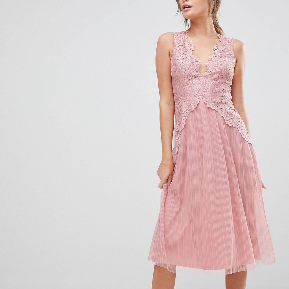 ASOS Lace Top Mesh Pleated Midi Dress